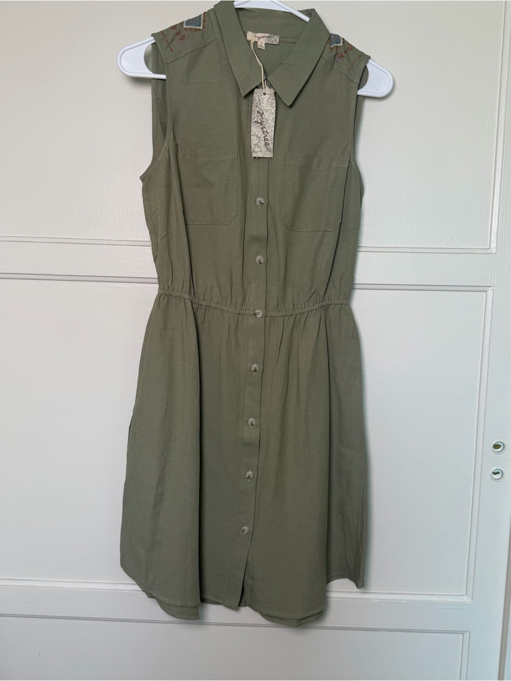 Mystree Olive Green Sleeveless Button-Front Shirt Dress